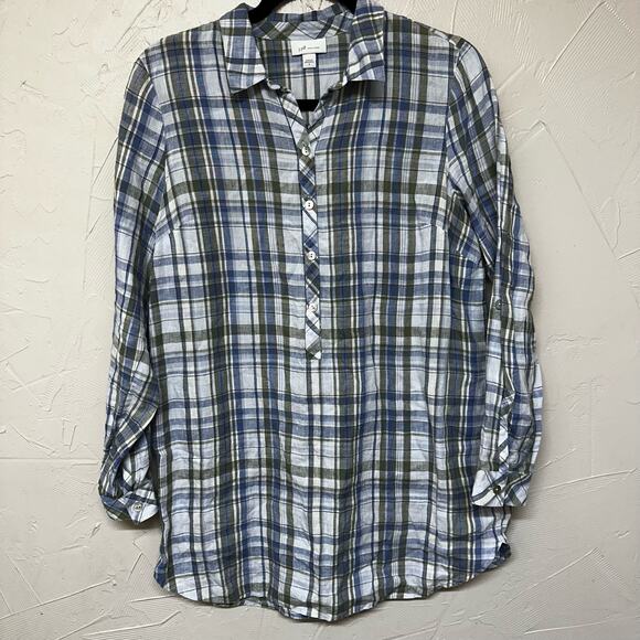 J. Jill Plaid 100% Linen Popover Button Up Tunic Top  Mother of Pearl Size S - Picture 6 of 8
